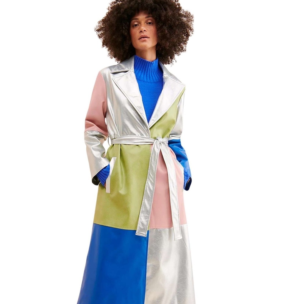 Jayley Metallic Trench Coat Silver Pink Blue‎ Green Colorblock Long Buttons Tie